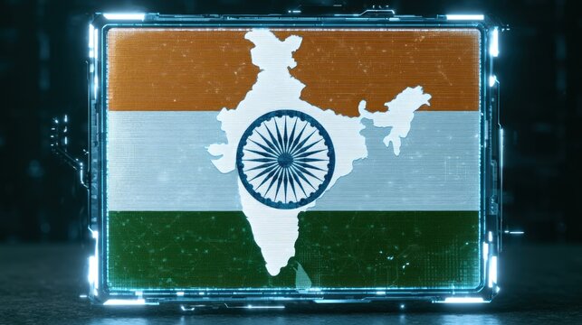 Glowing digital Indian flag with map outline on screen.