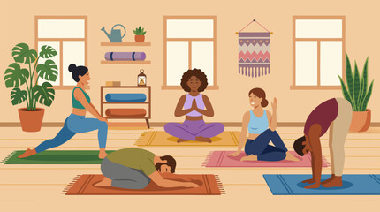 Fototapeta premium Diverse group of relaxed friends practicing peaceful indoor yoga session together in bright modern studio with plants and mats various relaxing poses smiling calm atmosphere wellness lifestyle vector