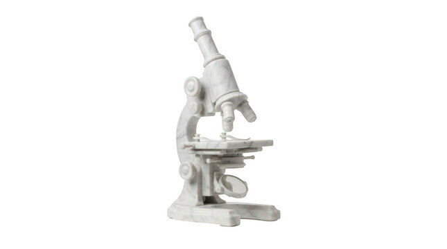 A detailed sculpture of a microscope carved from white marble isolated on transparent background