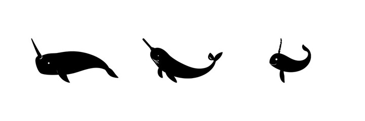Solid black silhouette of a narwhal with a spiral tusk, arctic marine symbol, flat 2D, white background. set with simple line art design featuring line art, illustrations, graphic resources with ve... © Md