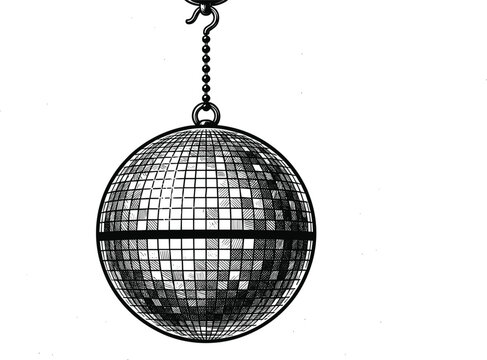 Sparkling mirror disco ball hanging from metal chain hook vintage nightclub dance floor party vector graphic decoration