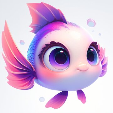 Cute cartoon fish with big eyes swimming in water. Adorable sea creature illustration for children book or mobile game character. Fantasy marine animal with bright color design.