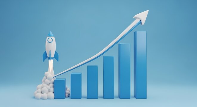 3D white chess pawn leading blue growth bar upward. Business success concept with rising financial graph and strategic leadership.