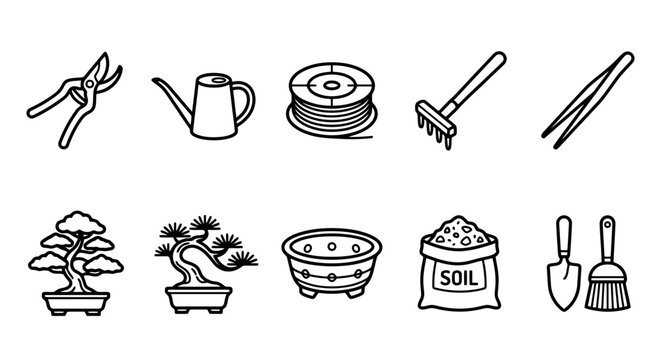 Bonsai tools vector line icons: shears, watering can, soil, rake, pots for plant care hobby