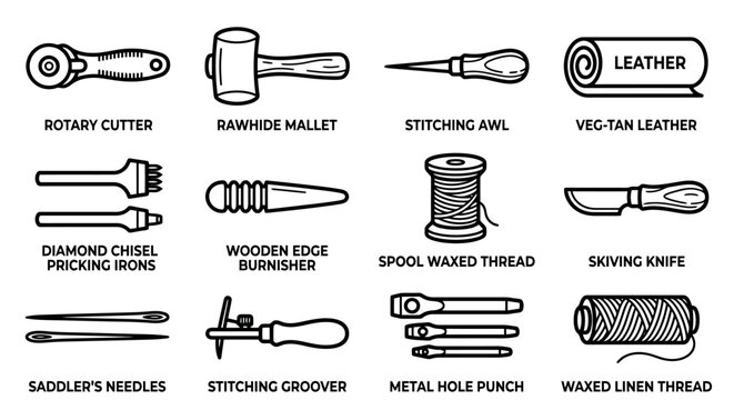 Outline vector icons of essential leather crafting tools and materials set on white