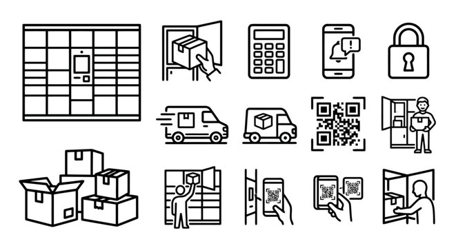 Smart parcel locker and delivery service outline icons for package shipping and self service pickup
