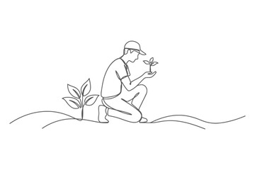 Single line illustration of man nurturing small plant in farm field with nurturing gardening seedling agriculture