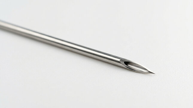 Macro shot of a sterile medical hypodermic needle tip on a white background