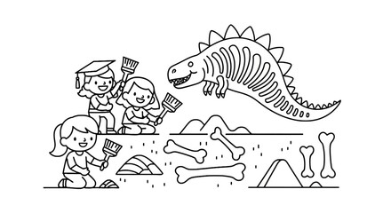 Children excavating dinosaur fossils and skeleton © udin
