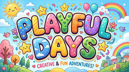 Naklejka premium Playful children's party banner with colorful 3D letters and fun decorations. Bright cartoon typography for kids' events, birthdays, and creative a...