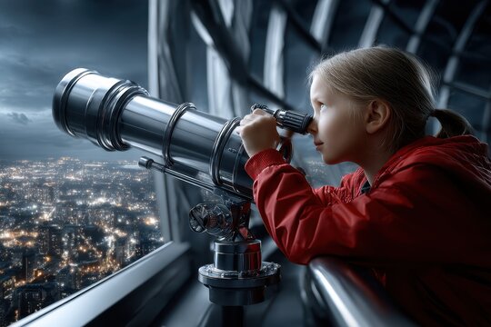 Young child explores city skyline through telescope at night from high observation deck