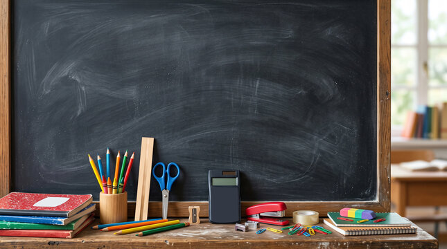 School supplies on a desk. Educational tools and stationery.