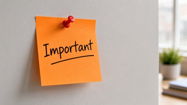 Orange important sticky note pinned on white wall in office with plant.