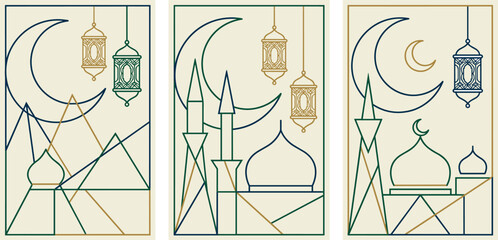 Islamic Ramadan Line Art Poster Set with Mosque, Crescent Moon, Hanging Lanterns, and Abstract Geometric Background Designs © MstSuraiya