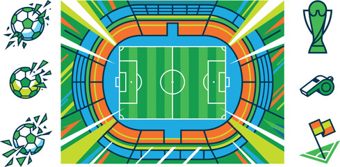 Soccer Stadium Aerial View Banner with Football Field Background, Trophy, Whistle, Corner Flag, and Flying Balls Vector Elements © MstSuraiya