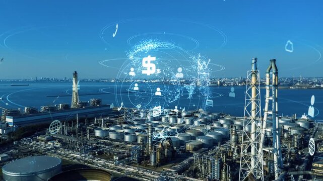 工場の風景と通信ネットワーク。DX、産業、製造業、エネルギー、IIoT、システム、工業、クラウド