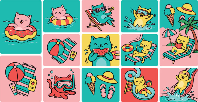 Cute cat character summer vacation vector pattern card set with kitten mascots swimming eating watermelon sliding down water slide and sunbathing