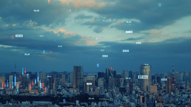 現代都市と金融データ。株式投資、資産運用、株価、投資信託、ETF、FX、為替、チャート、統計、マネー