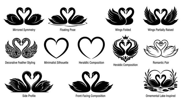 Swans in Various Artistic Compositions and Poses, Showcasing Different Styles and Designs Featuring Black, White, Symmetry