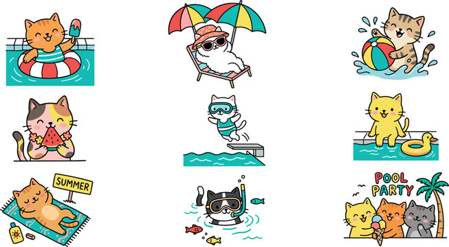 Cute cat character summer pool party vector sticker set with kitten mascots swimming diving sunbathing eating watermelon and enjoying beach holiday