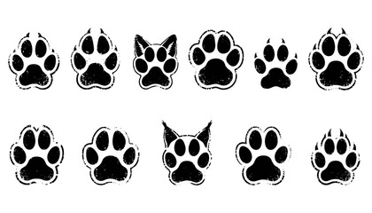 Paw Prints and Cat Faces in a Grunge Style Design Featuring Face, Animal, Pet with Wild and Nature Elements for Texture, Rough © Mstmasuma