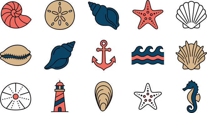 Nautical marine life vector icon sticker set with starfish seashell anchor ocean wave sand dollar lighthouse seahorse oyster shell and nautilus