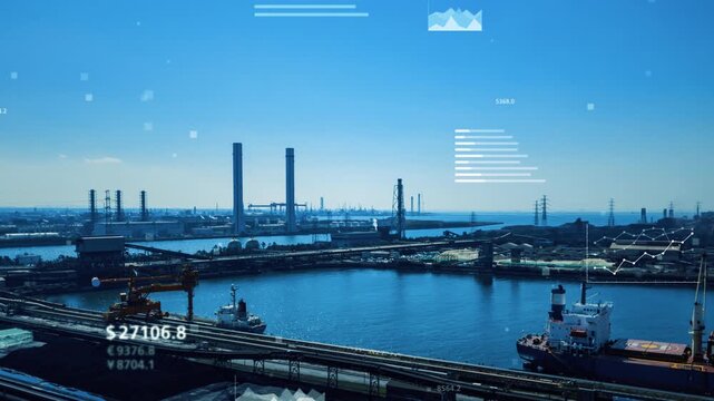工場の風景と統計データ。産業、製造業、物流、工業、海運業、ビジネス、経済、データ、貿易、船舶、造船