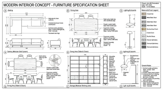 Modern interior design furniture specification sheet with technical drawings and material palette