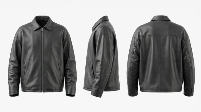 Leather Jacket Mockup Showcase: A classic black leather jacket displayed from three distinct angles &ndash; front, side, and back.