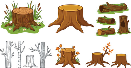 Forest tree stumps and logs cartoon vector set with mushrooms grass hollow trunks and birch elements © Shukimon