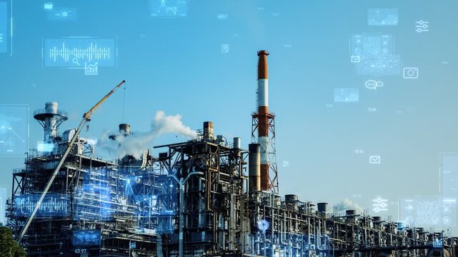 工場とデジタルテクノロジー。DX、産業、製造業、工業、テック、未来、プラント、IIoT、未来、FA