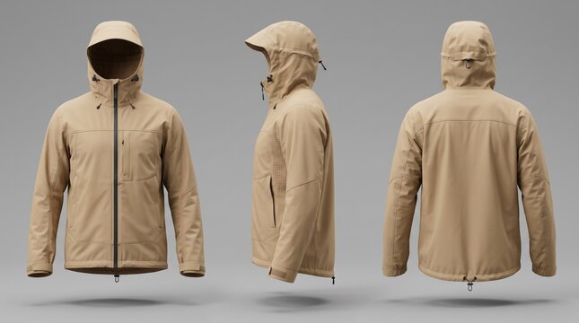Tan Softshell Jacket Mockup: Three-view showcase of a stylish tan softshell jacket, offering versatility and protection for outdoor adventures.