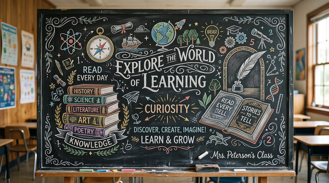 Classroom chalkboard with colorful doodles. Educational blackboard with inspiring words.
