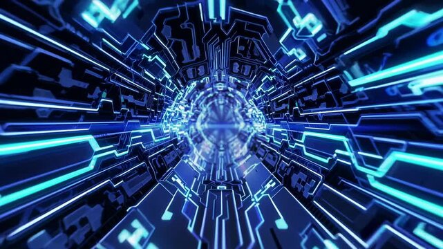 Futuristic digital tunnel with glowing blue circuitry and intricate patterns, showcasing a continuous flow of light and technology in a high-tech environment
