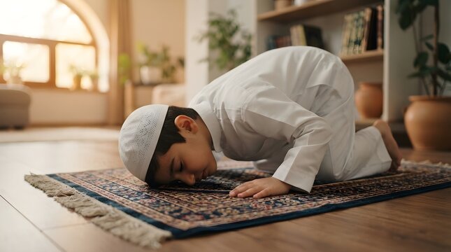 Muslim Boy Performing Salat in Sujud on Prayer Mat. Islamic Prayer, Worship and Spiritual Devotion