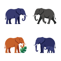 Fototapeta premium Four colorful elephant illustrations showing adult and baby animals against a white background vector