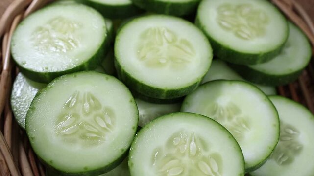 Fresh Sliced Cucumber in a Woven Basket