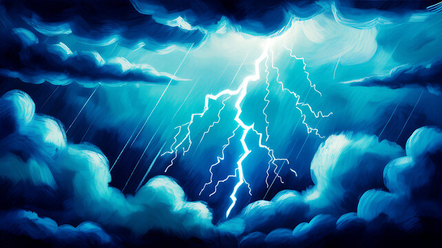 Bright lightning bolt strikes through dark stormy blue clouds with rain thunder