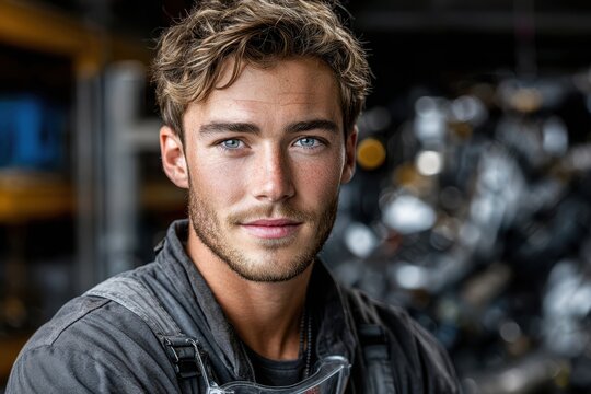 Portrait of a young firefighter in a fire station