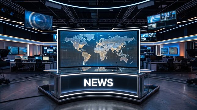 Contemporary newsroom featuring sleek 'NEWS' anchor desk, professional television studio, modern journalism atmosphere