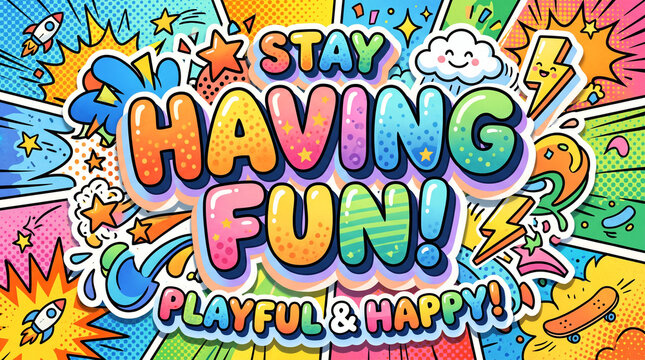 Colorful comic typography with 'Stay Having Fun!'. Playful happy text design