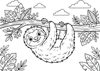 Fototapeta premium Cute cartoon sloth hanging from a tree branch with tropical leaves and clouds animal