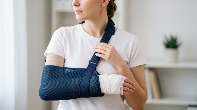 Close-up of a woman wearing a blue arm sling for orthopedic injury recovery with first aid orthopedic recovery