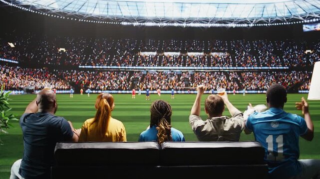 Football supporters watch a live match broadcast at home with beer cups and team scarves, creating a realistic stadium feeling from the sofa.