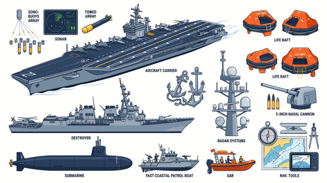 Naval military fleet set with aircraft carrier submarine and destroyer equipment