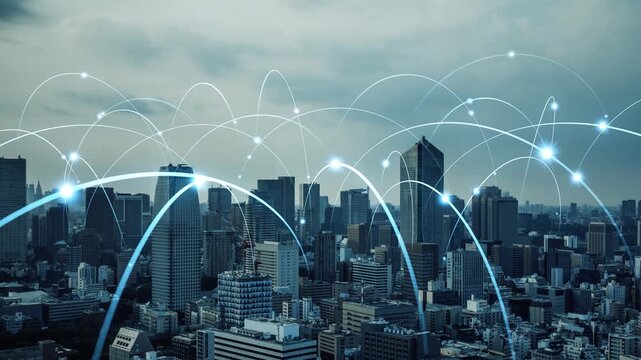 現代都市と通信ネットワーク。DX、スピード、高速、社会、ネット、web、データ、光通信、クラウド