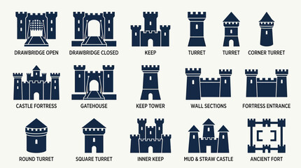 Medieval Castle Elements Icons Set: Fortresses, Towers, Turrets, Gates © Kandang