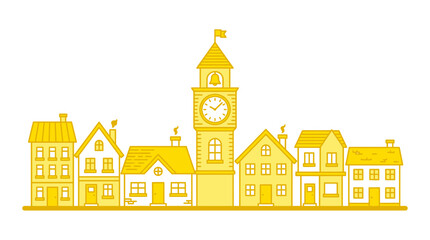 Obraz premium Charming Townscape with Clock Tower, Yellow Houses, Flat Design