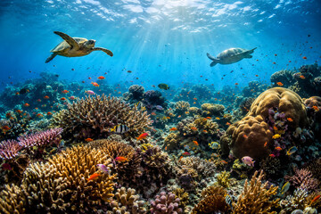 Fototapeta premium Vibrant Tropical Coral Reef with Colorful Fish in Crystal Clear Ocean