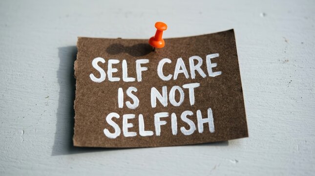 Self care note on corkboard. Mental health reminder pinned on wall.